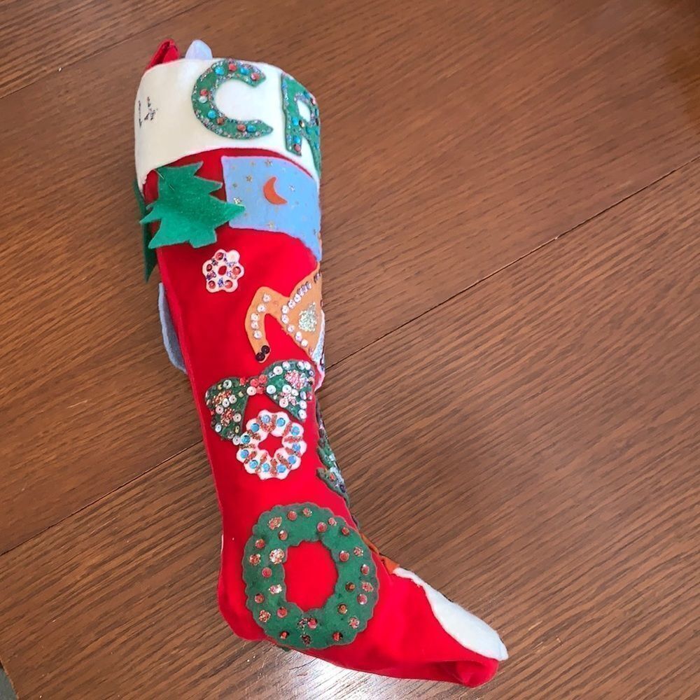 Vtg 60s large red‎ felt hand decorated Christmas stocking